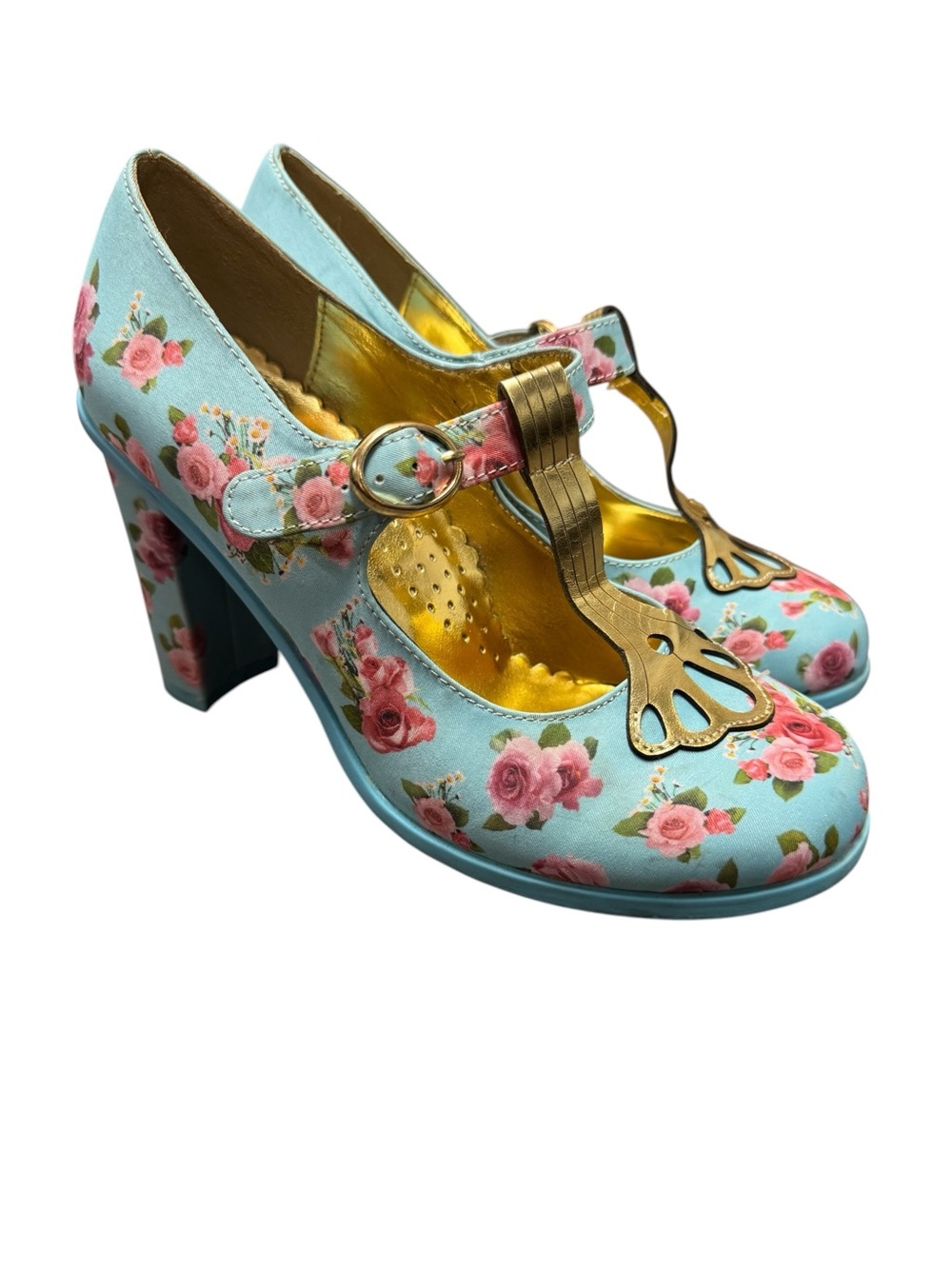 Hot Chocolate Emma Floral Roses Platforms Heels T-Bar Mary Janes Blue EU 37 - Picture 3 of 13
